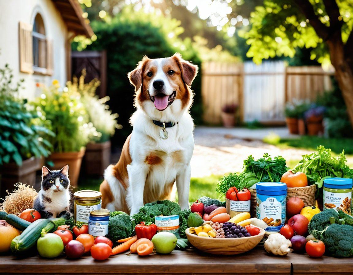 An inviting scene of a diverse range of healthy pet foods laid out on a wooden table, with a happy dog and cat interacting playfully in a sunlit garden. Include elements like fresh vegetables, fruits, and supplements that symbolize good nutrition. Show vibrant greenery in the background, signifying a healthy lifestyle. Illustrate a balanced pet lifestyle with a wellness theme. super-realistic. vibrant colors. outdoor setting.
