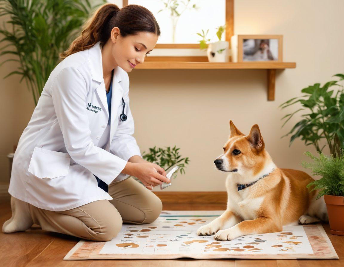 A compassionate veterinarian examining a dog with a calm expression, surrounded by a warm, inviting clinic environment filled with plants and soft lighting. Illustrations of healthy bones, a heart chart, and bright paw prints subtly integrated, representing wellness and care. A gentle cat sitting nearby, symbolizing inclusivity in animal health. soft focus, vibrant colors, warm tones.