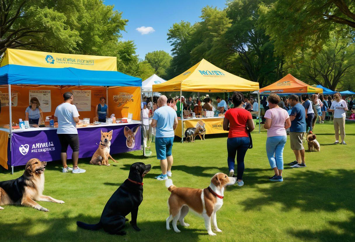 A diverse group of community members gathered in a sunny park, engaging in activities to support animal wellness, like pet adoption booths, educational displays about animal care, and free veterinary check-ups. In the background, playful animals and colorful banners promoting awareness and resources create an inviting atmosphere. The scene conveys unity and compassion towards animals. vibrant colors. super-realistic.